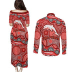 Dolphins Couples Matching Puletasi and Long Sleeve Button Shirt Aboriginal Dot Pattern - Rugby Mascot Heritage Pride