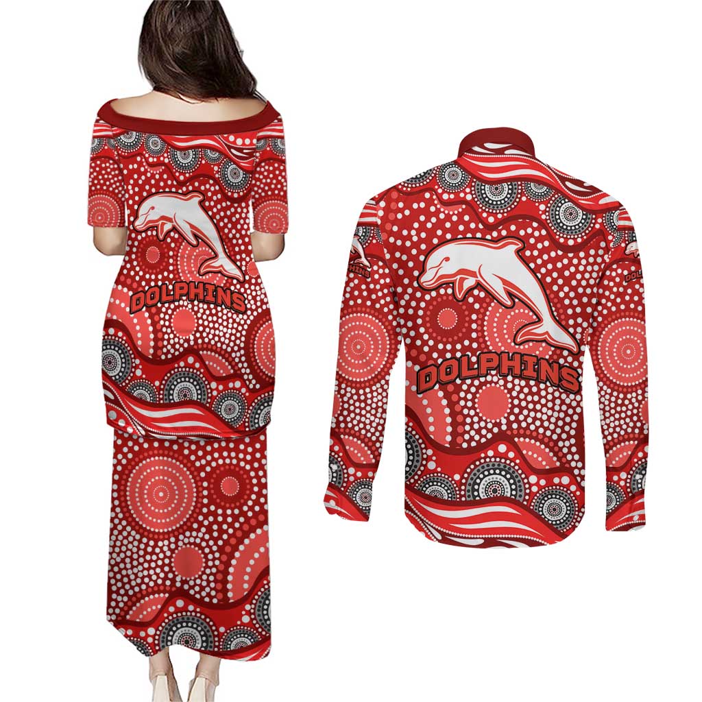 Dolphins Couples Matching Puletasi and Long Sleeve Button Shirt Aboriginal Dot Pattern - Rugby Mascot Heritage Pride