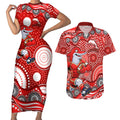 Dolphins Couples Matching Short Sleeve Bodycon Dress and Hawaiian Shirt Aboriginal Dot Pattern - Rugby Mascot Heritage Pride