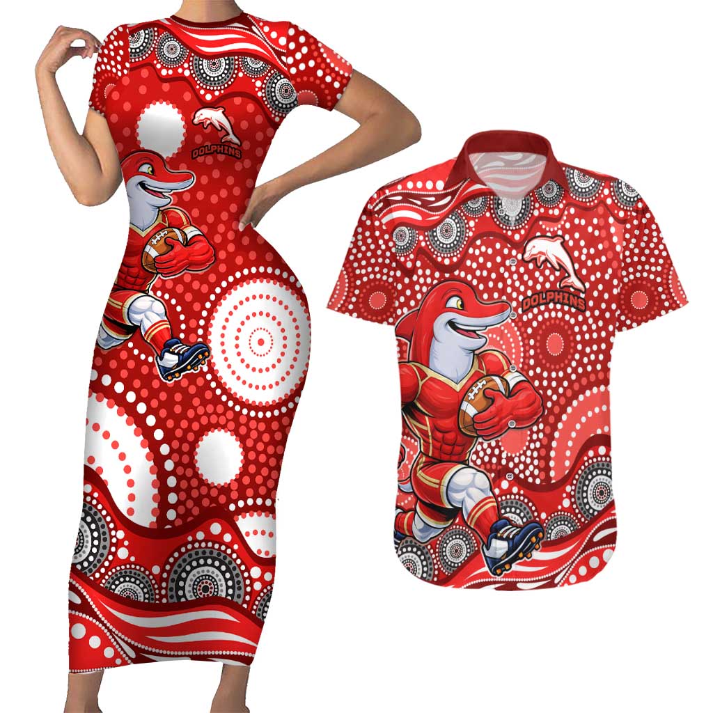 Dolphins Couples Matching Short Sleeve Bodycon Dress and Hawaiian Shirt Aboriginal Dot Pattern - Rugby Mascot Heritage Pride