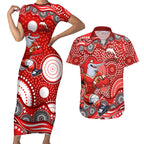 Dolphins Couples Matching Short Sleeve Bodycon Dress and Hawaiian Shirt Aboriginal Dot Pattern - Rugby Mascot Heritage Pride