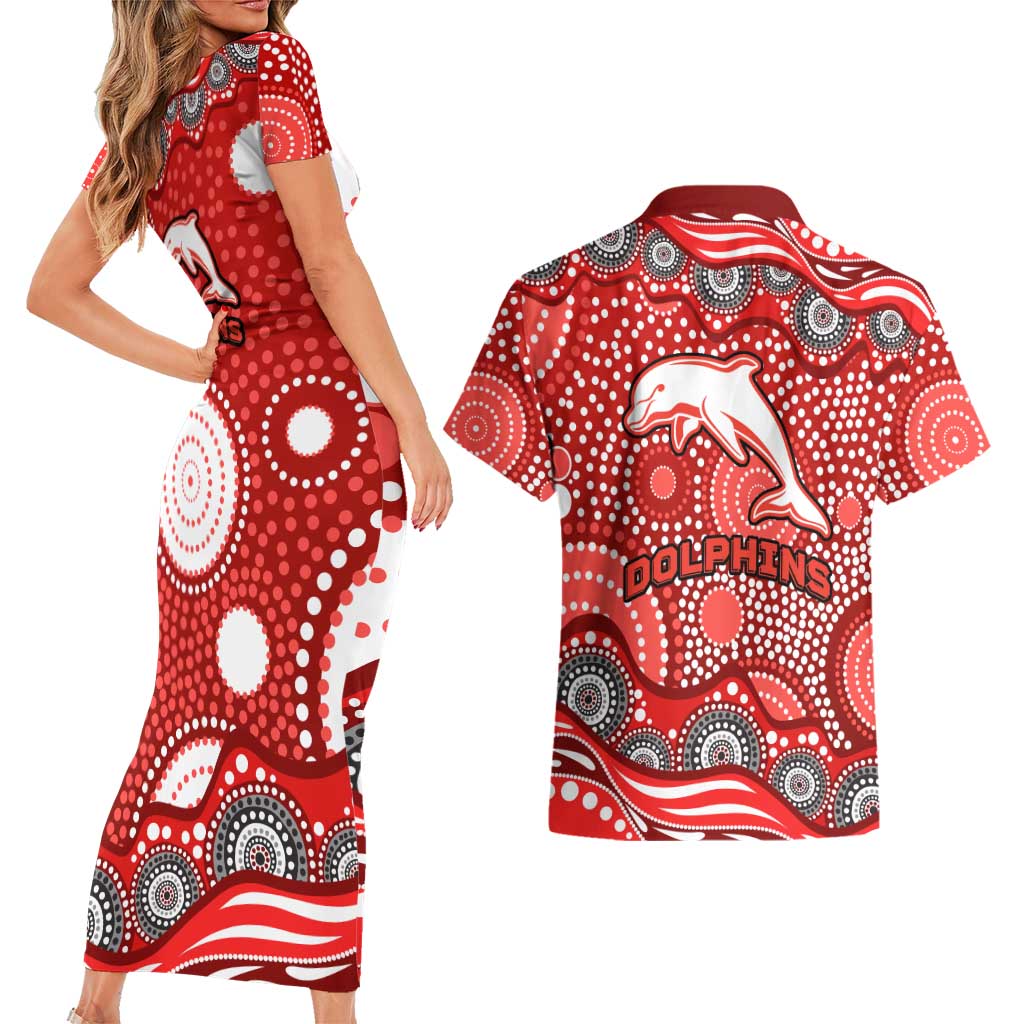 Dolphins Couples Matching Short Sleeve Bodycon Dress and Hawaiian Shirt Aboriginal Dot Pattern - Rugby Mascot Heritage Pride