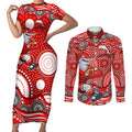 Dolphins Couples Matching Short Sleeve Bodycon Dress and Long Sleeve Button Shirt Aboriginal Dot Pattern - Rugby Mascot Heritage Pride