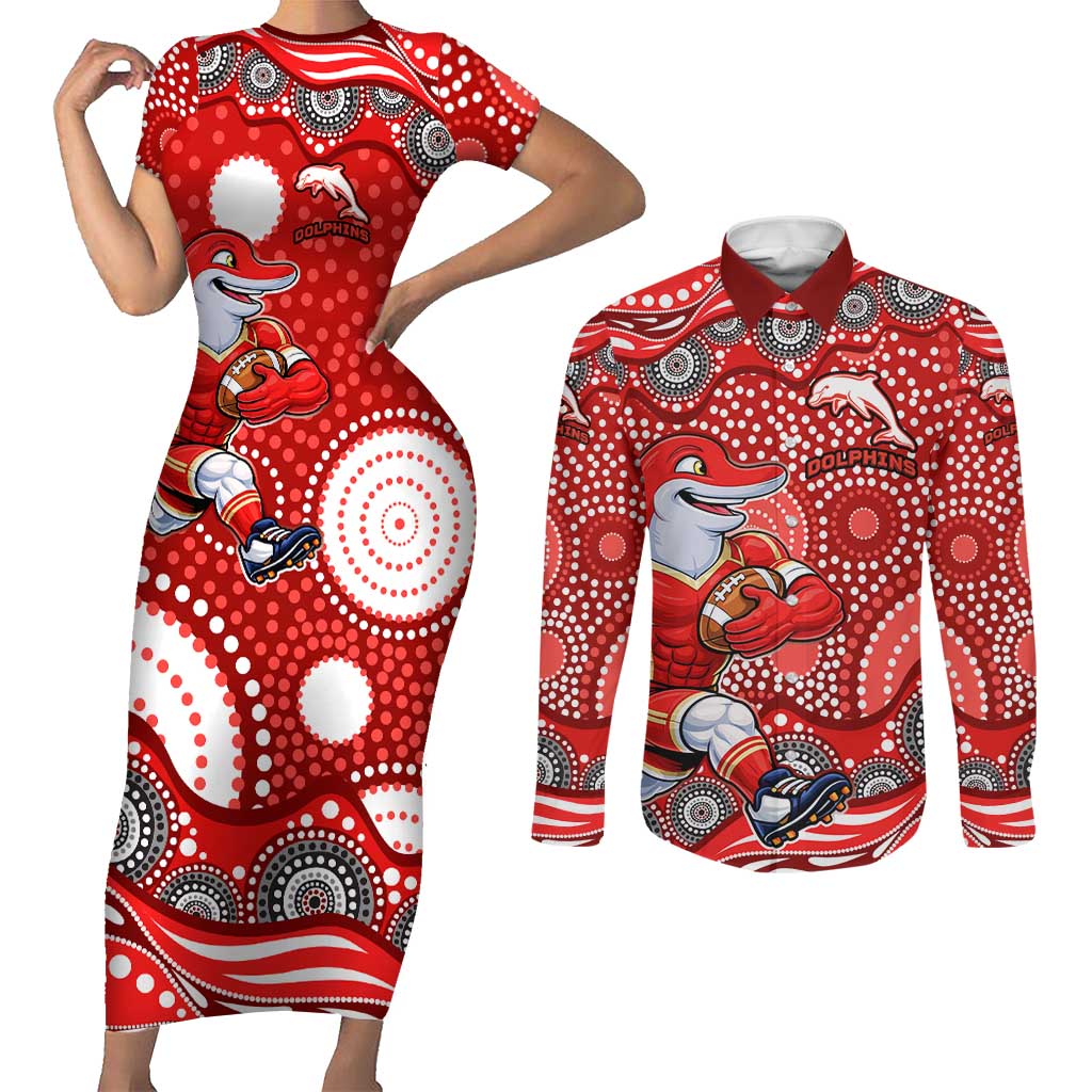 Dolphins Couples Matching Short Sleeve Bodycon Dress and Long Sleeve Button Shirt Aboriginal Dot Pattern - Rugby Mascot Heritage Pride