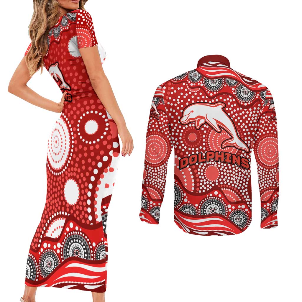 Dolphins Couples Matching Short Sleeve Bodycon Dress and Long Sleeve Button Shirt Aboriginal Dot Pattern - Rugby Mascot Heritage Pride