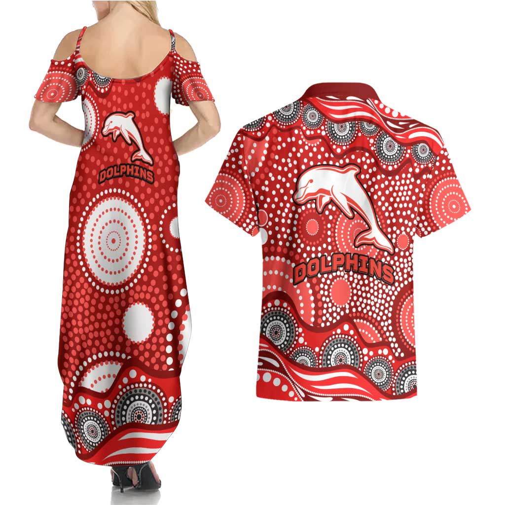 Dolphins Couples Matching Summer Maxi Dress and Hawaiian Shirt Aboriginal Dot Pattern - Rugby Mascot Heritage Pride