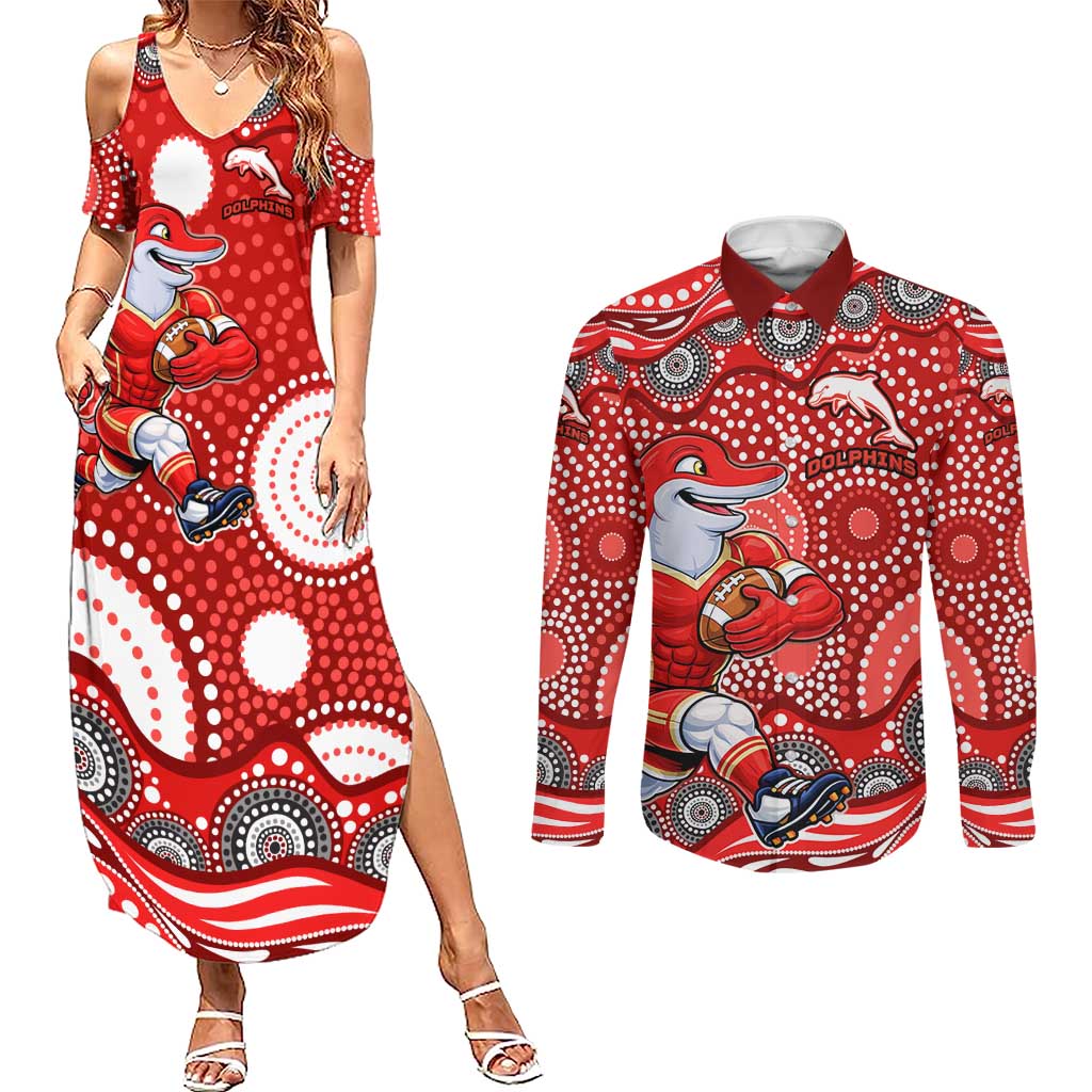 Dolphins Couples Matching Summer Maxi Dress and Long Sleeve Button Shirt Aboriginal Dot Pattern - Rugby Mascot Heritage Pride