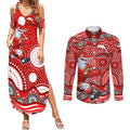 Dolphins Couples Matching Summer Maxi Dress and Long Sleeve Button Shirt Aboriginal Dot Pattern - Rugby Mascot Heritage Pride
