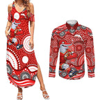 Dolphins Couples Matching Summer Maxi Dress and Long Sleeve Button Shirt Aboriginal Dot Pattern - Rugby Mascot Heritage Pride
