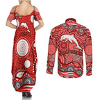 Dolphins Couples Matching Summer Maxi Dress and Long Sleeve Button Shirt Aboriginal Dot Pattern - Rugby Mascot Heritage Pride