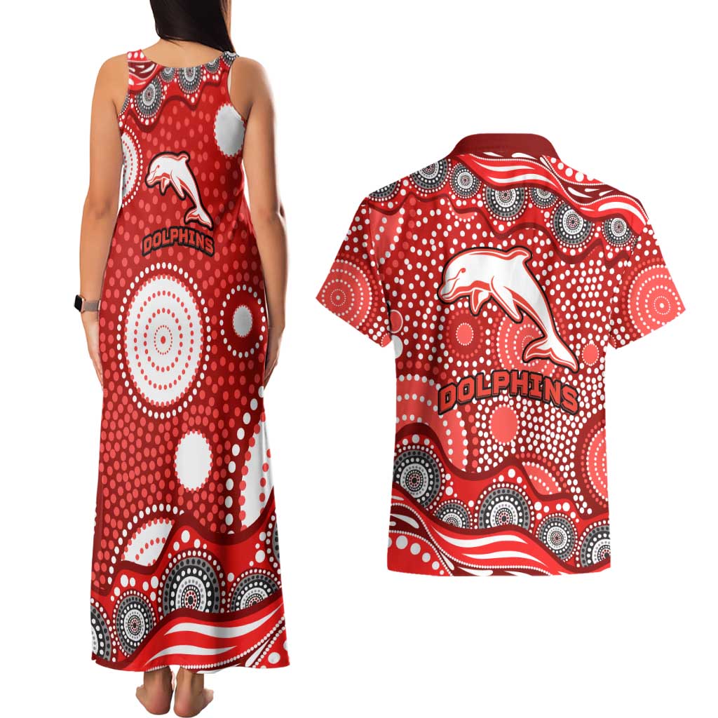 Dolphins Couples Matching Tank Maxi Dress and Hawaiian Shirt Aboriginal Dot Pattern - Rugby Mascot Heritage Pride