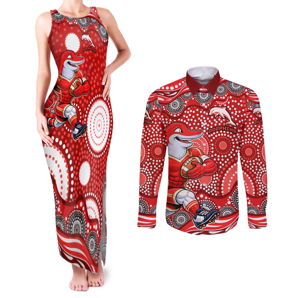 Dolphins Couples Matching Tank Maxi Dress and Long Sleeve Button Shirt Aboriginal Dot Pattern - Rugby Mascot Heritage Pride