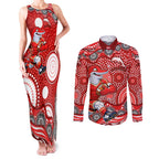 Dolphins Couples Matching Tank Maxi Dress and Long Sleeve Button Shirt Aboriginal Dot Pattern - Rugby Mascot Heritage Pride