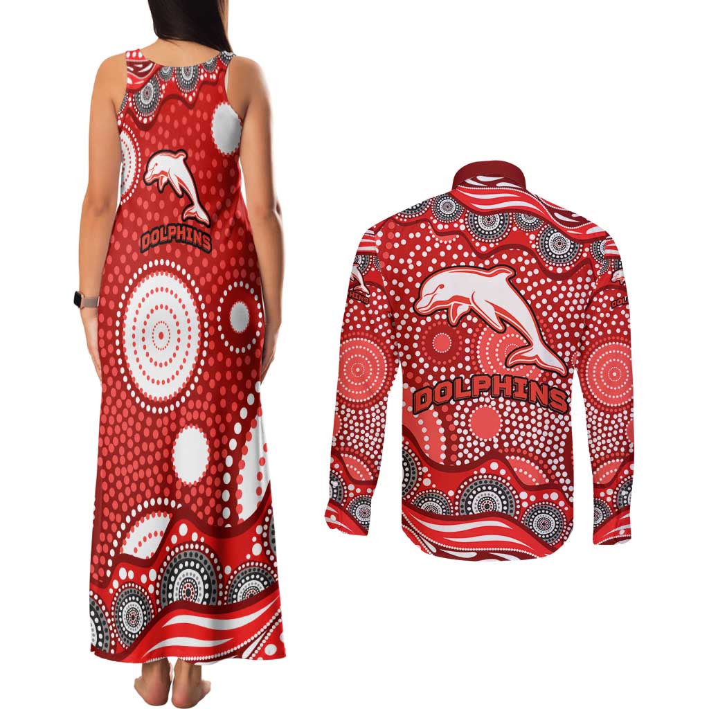 Dolphins Couples Matching Tank Maxi Dress and Long Sleeve Button Shirt Aboriginal Dot Pattern - Rugby Mascot Heritage Pride