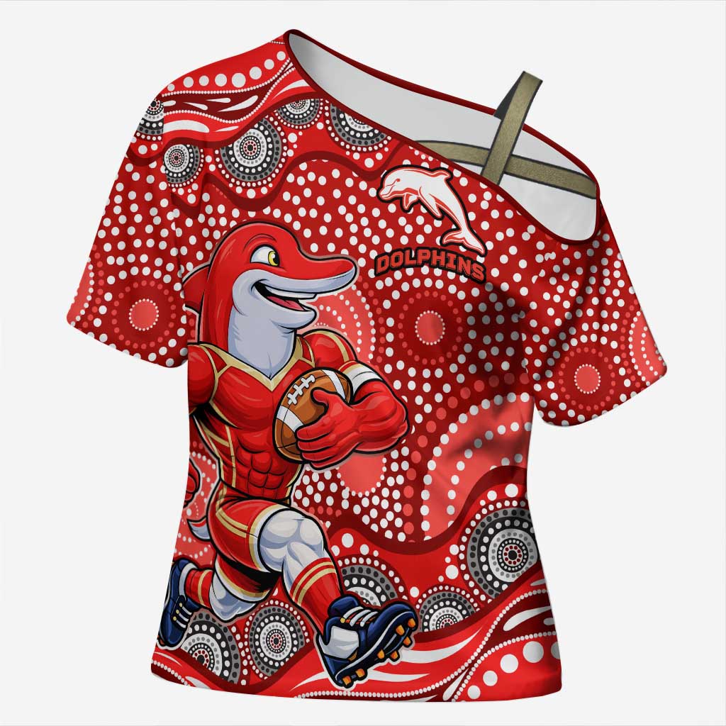 Dolphins Cross Shoulder Shirt Aboriginal Dot Pattern - Rugby Mascot Heritage Pride