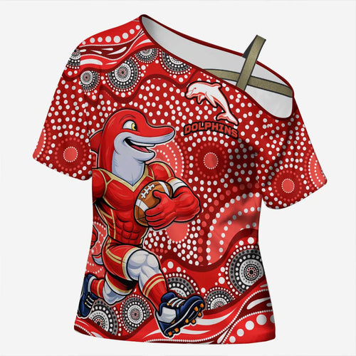 Dolphins Cross Shoulder Shirt Aboriginal Dot Pattern - Rugby Mascot Heritage Pride