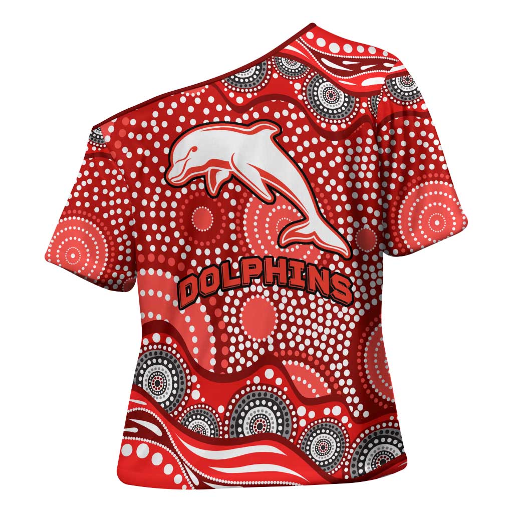 Dolphins Cross Shoulder Shirt Aboriginal Dot Pattern - Rugby Mascot Heritage Pride