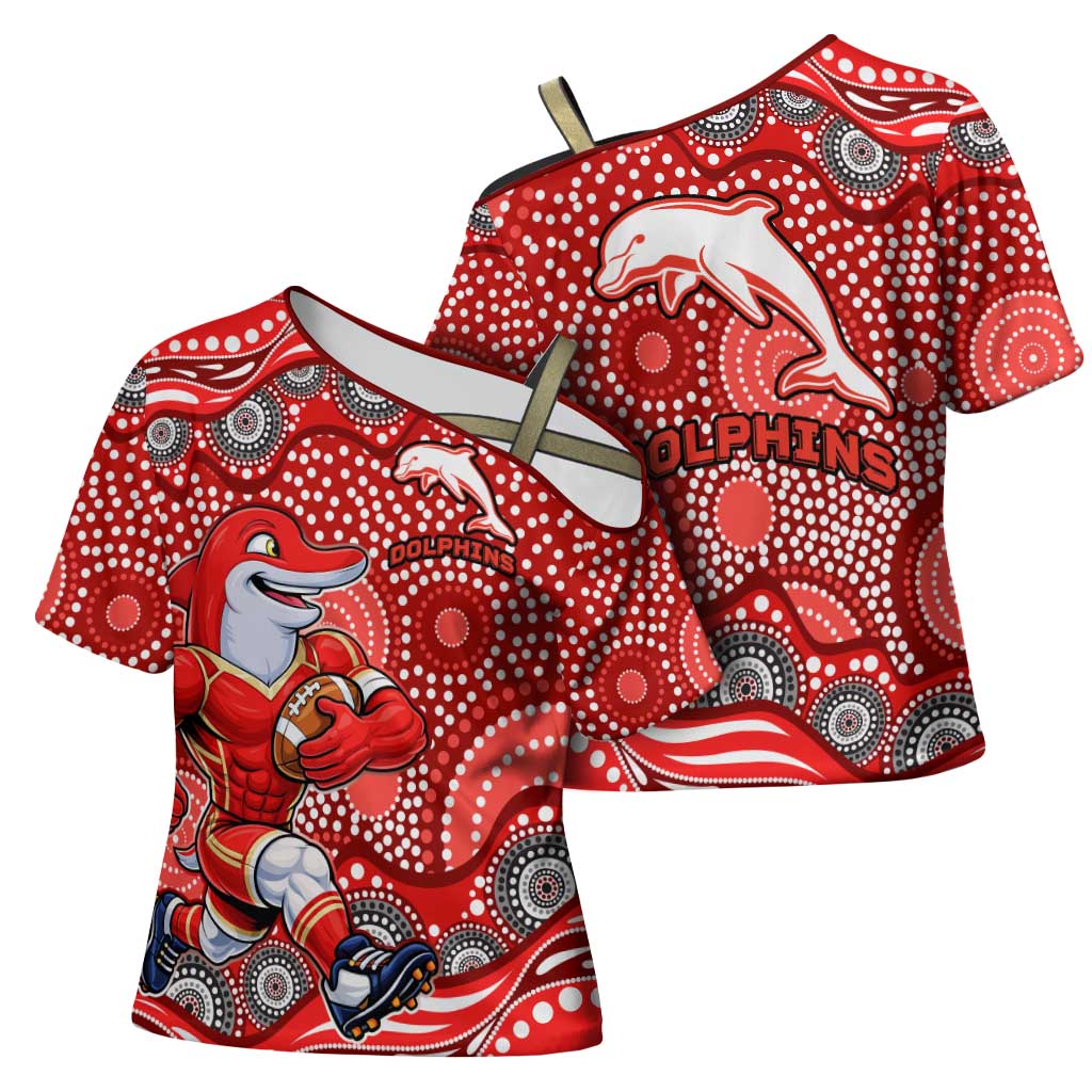Dolphins Cross Shoulder Shirt Aboriginal Dot Pattern - Rugby Mascot Heritage Pride