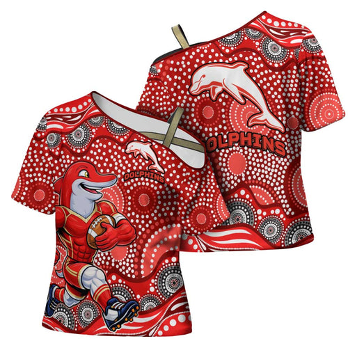 Dolphins Cross Shoulder Shirt Aboriginal Dot Pattern - Rugby Mascot Heritage Pride