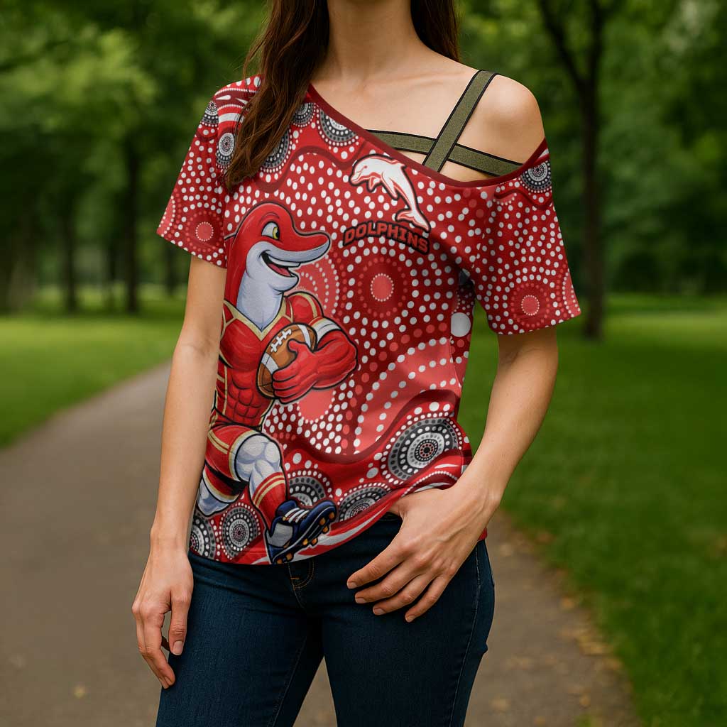 Dolphins Cross Shoulder Shirt Aboriginal Dot Pattern - Rugby Mascot Heritage Pride