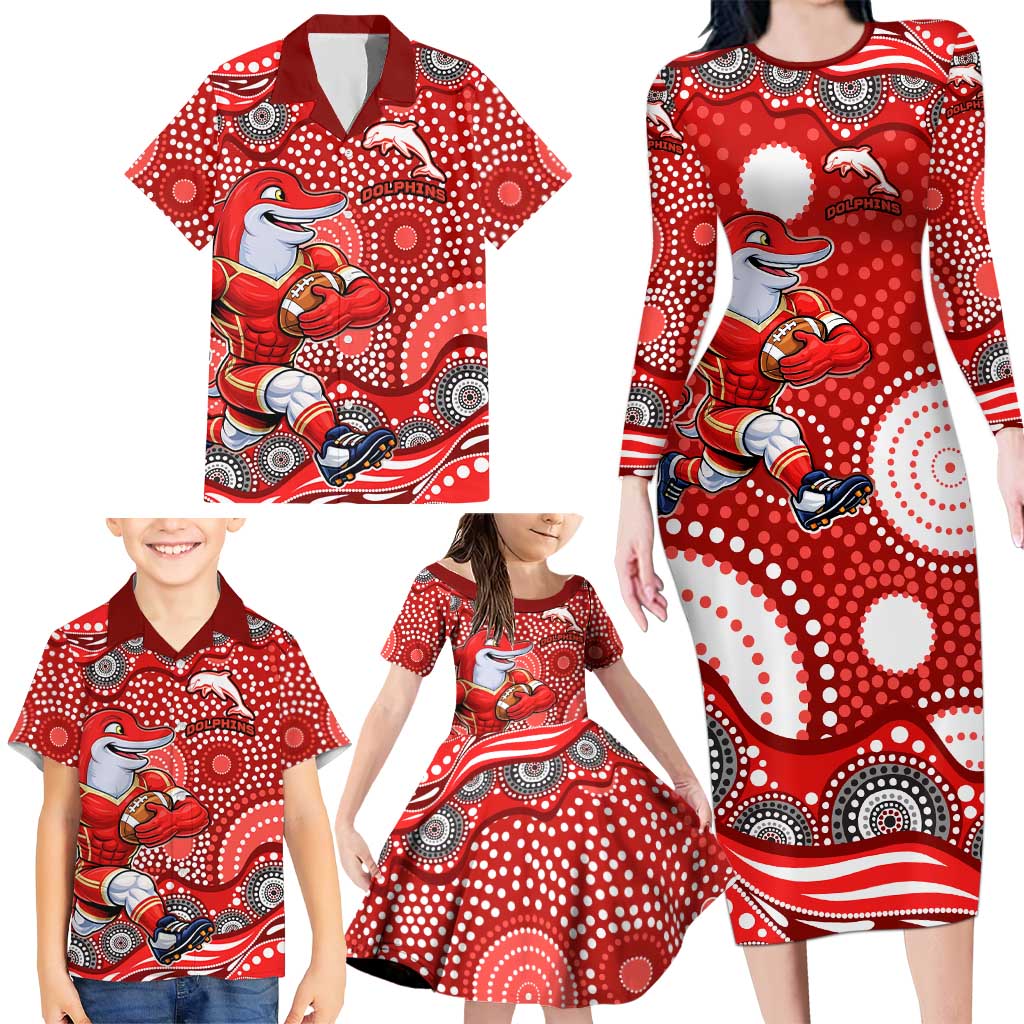 Dolphins Family Matching Long Sleeve Bodycon Dress and Hawaiian Shirt Aboriginal Dot Pattern - Rugby Mascot Heritage Pride