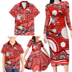 Dolphins Family Matching Long Sleeve Bodycon Dress and Hawaiian Shirt Aboriginal Dot Pattern - Rugby Mascot Heritage Pride