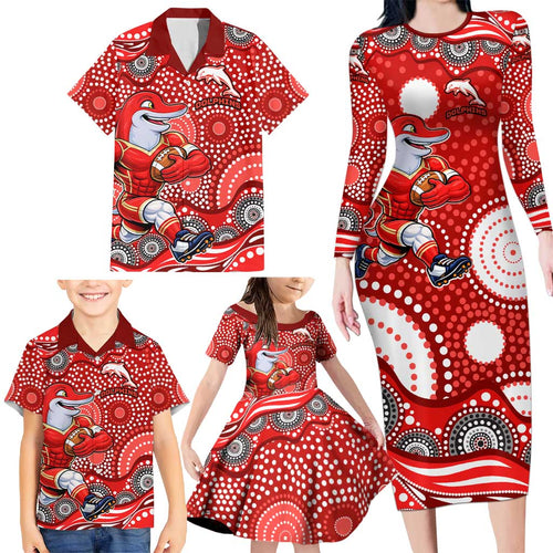 Dolphins Family Matching Long Sleeve Bodycon Dress and Hawaiian Shirt Aboriginal Dot Pattern - Rugby Mascot Heritage Pride