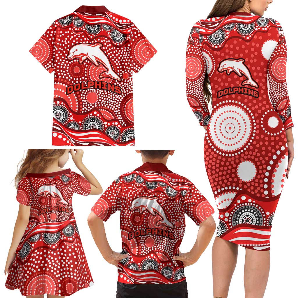 Dolphins Family Matching Long Sleeve Bodycon Dress and Hawaiian Shirt Aboriginal Dot Pattern - Rugby Mascot Heritage Pride