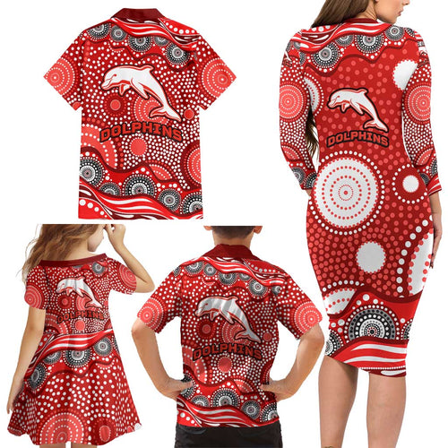 Dolphins Family Matching Long Sleeve Bodycon Dress and Hawaiian Shirt Aboriginal Dot Pattern - Rugby Mascot Heritage Pride