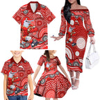 Dolphins Family Matching Off The Shoulder Long Sleeve Dress and Hawaiian Shirt Aboriginal Dot Pattern - Rugby Mascot Heritage Pride