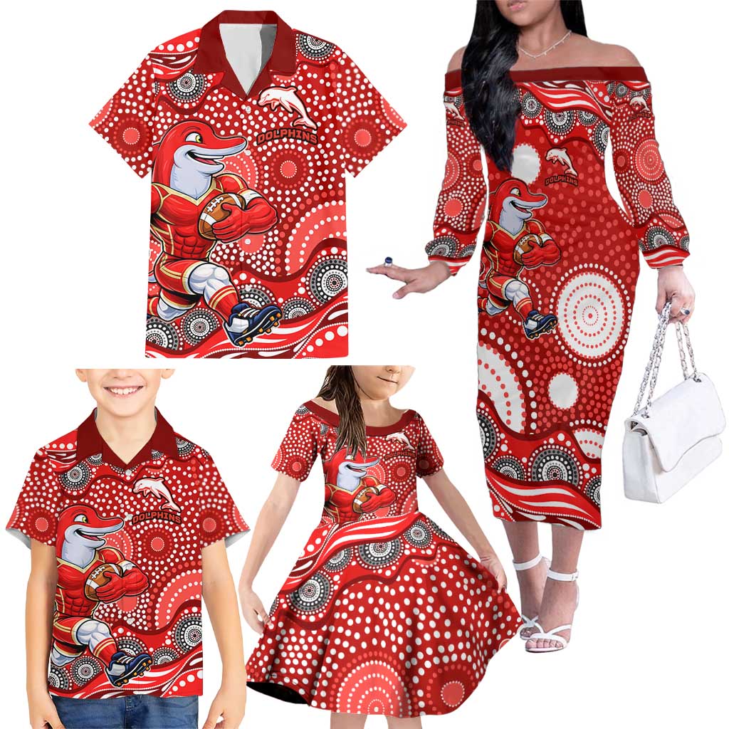 Dolphins Family Matching Off The Shoulder Long Sleeve Dress and Hawaiian Shirt Aboriginal Dot Pattern - Rugby Mascot Heritage Pride