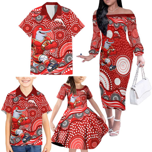 Dolphins Family Matching Off The Shoulder Long Sleeve Dress and Hawaiian Shirt Aboriginal Dot Pattern - Rugby Mascot Heritage Pride