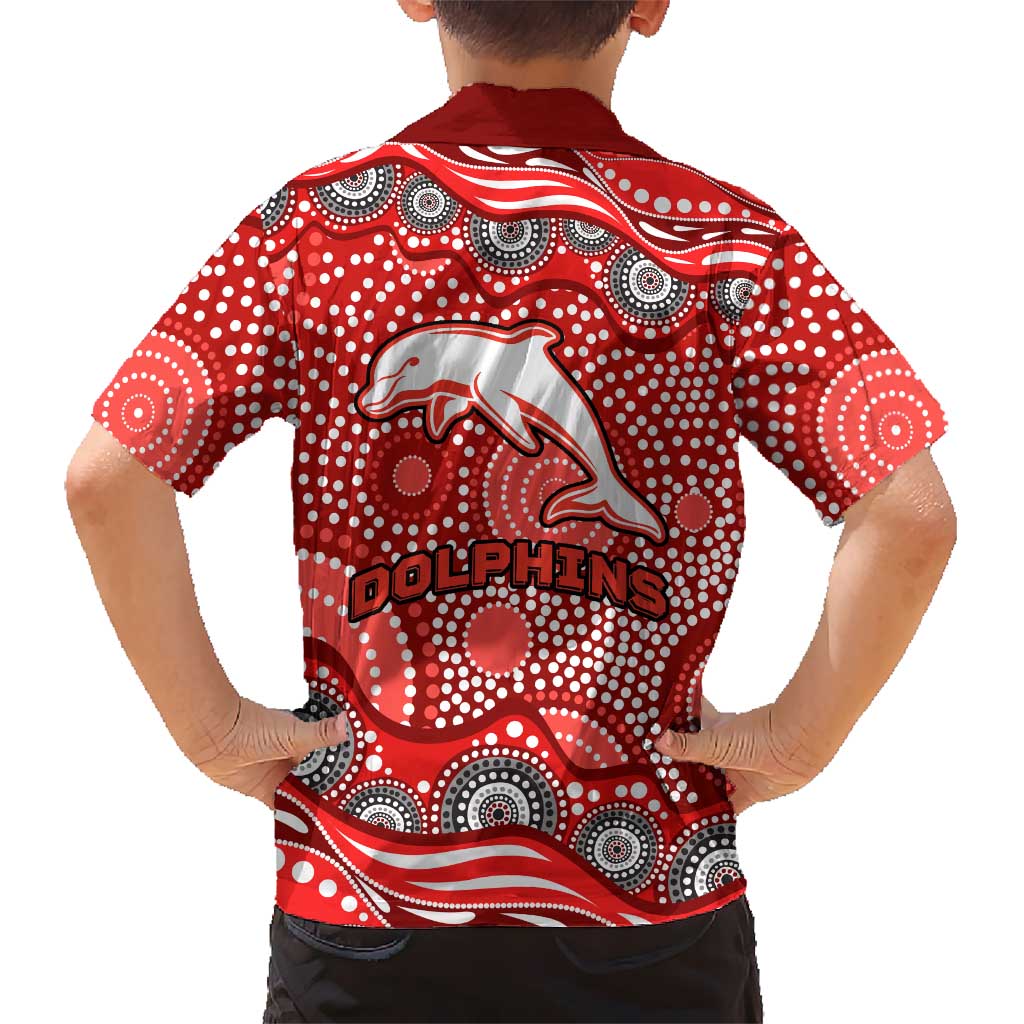 Dolphins Family Matching Off The Shoulder Long Sleeve Dress and Hawaiian Shirt Aboriginal Dot Pattern - Rugby Mascot Heritage Pride