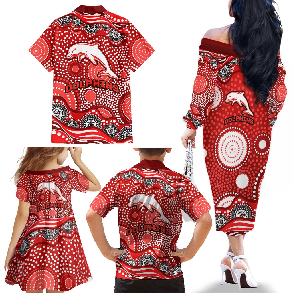 Dolphins Family Matching Off The Shoulder Long Sleeve Dress and Hawaiian Shirt Aboriginal Dot Pattern - Rugby Mascot Heritage Pride