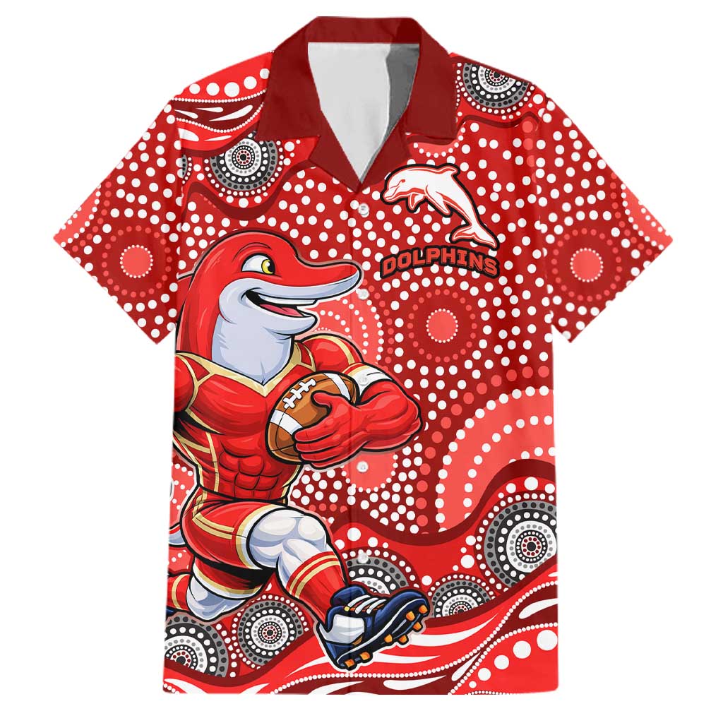 Dolphins Family Matching Off The Shoulder Long Sleeve Dress and Hawaiian Shirt Aboriginal Dot Pattern - Rugby Mascot Heritage Pride