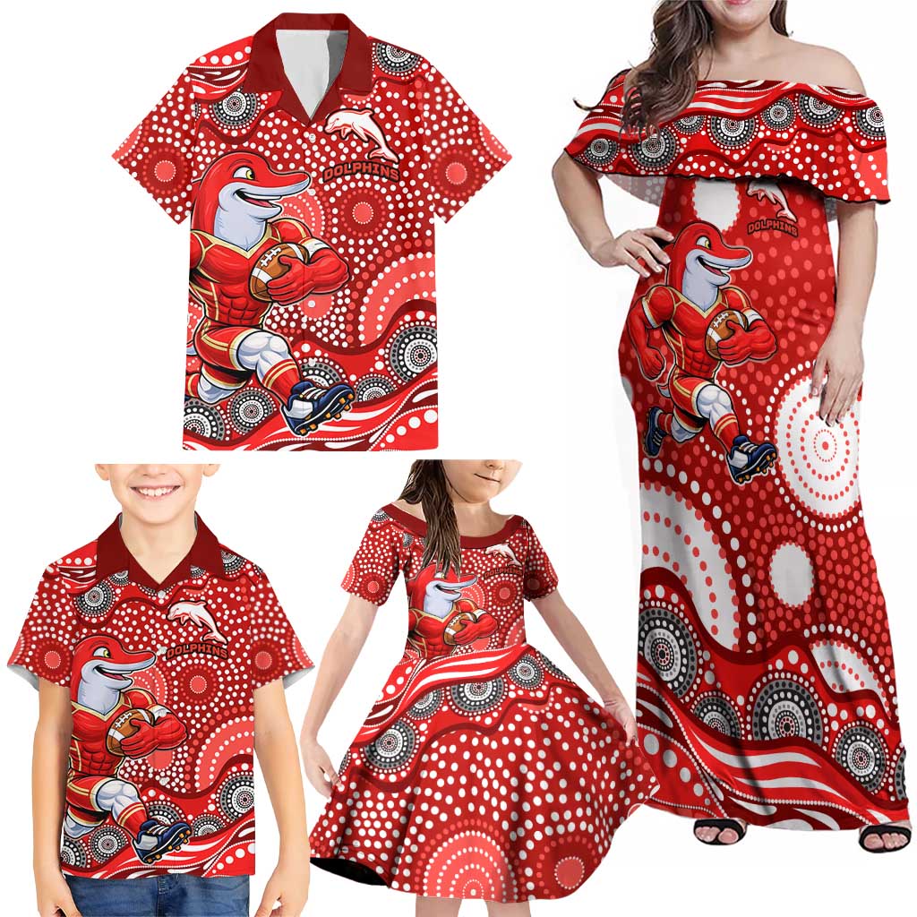 Dolphins Family Matching Off Shoulder Maxi Dress and Hawaiian Shirt Aboriginal Dot Pattern - Rugby Mascot Heritage Pride