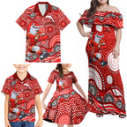 Dolphins Family Matching Off Shoulder Maxi Dress and Hawaiian Shirt Aboriginal Dot Pattern - Rugby Mascot Heritage Pride