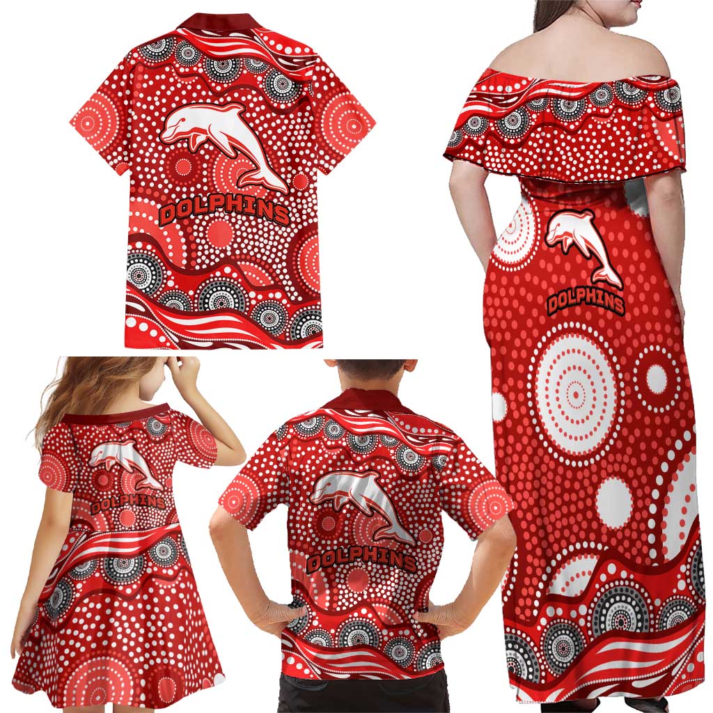 Dolphins Family Matching Off Shoulder Maxi Dress and Hawaiian Shirt Aboriginal Dot Pattern - Rugby Mascot Heritage Pride