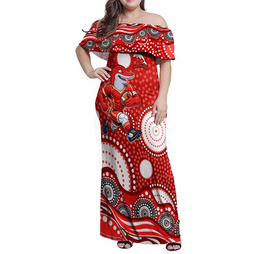 Dolphins Family Matching Off Shoulder Maxi Dress and Hawaiian Shirt Aboriginal Dot Pattern - Rugby Mascot Heritage Pride