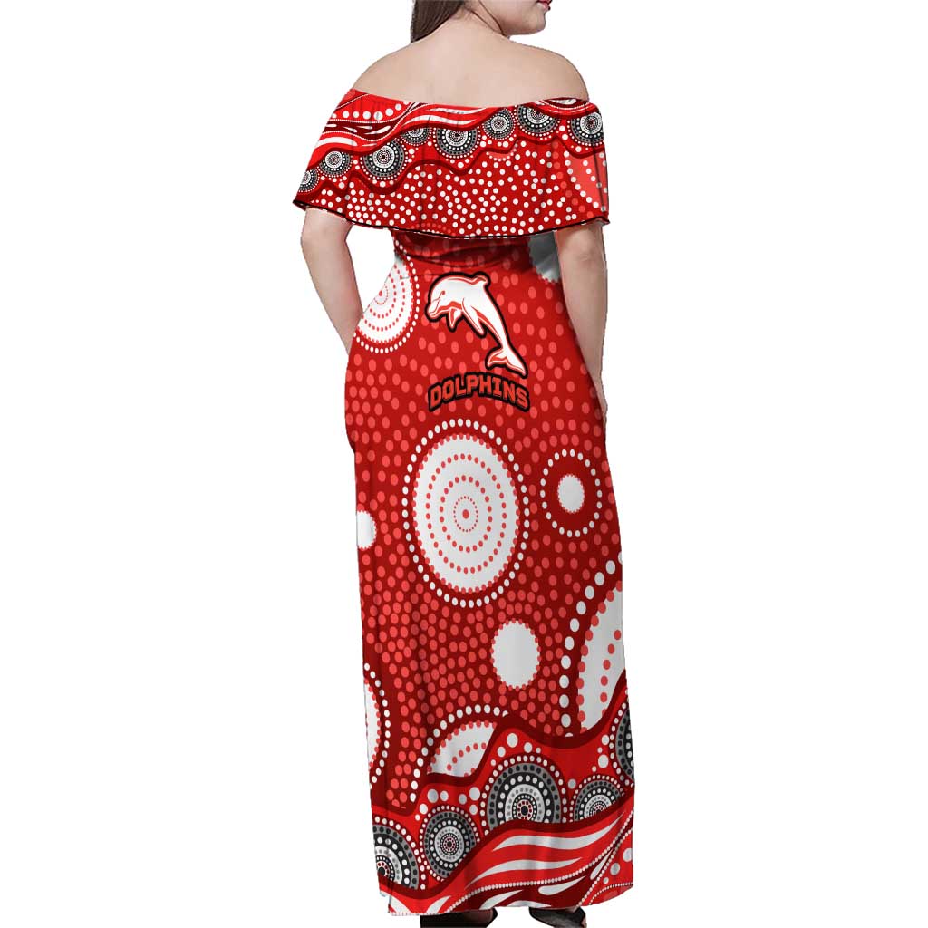 Dolphins Family Matching Off Shoulder Maxi Dress and Hawaiian Shirt Aboriginal Dot Pattern - Rugby Mascot Heritage Pride