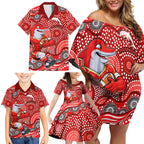 Dolphins Family Matching Off Shoulder Short Dress and Hawaiian Shirt Aboriginal Dot Pattern - Rugby Mascot Heritage Pride