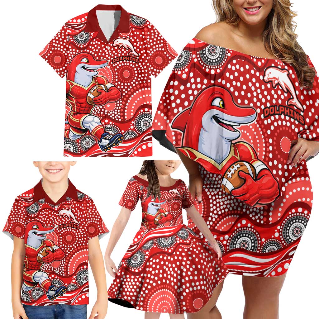 Dolphins Family Matching Off Shoulder Short Dress and Hawaiian Shirt Aboriginal Dot Pattern - Rugby Mascot Heritage Pride
