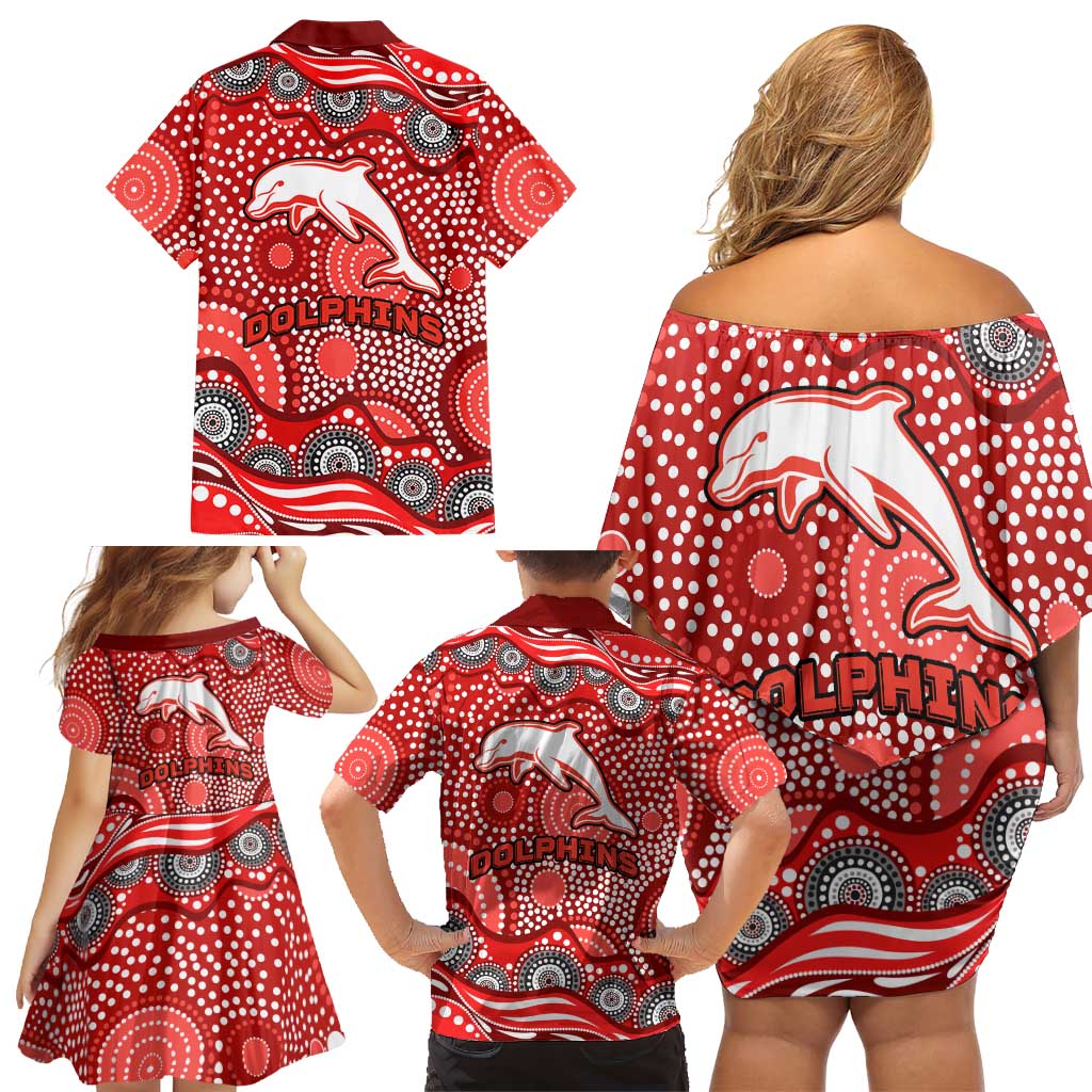 Dolphins Family Matching Off Shoulder Short Dress and Hawaiian Shirt Aboriginal Dot Pattern - Rugby Mascot Heritage Pride