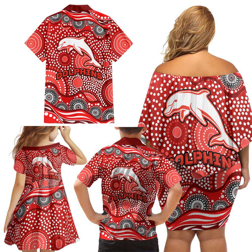 Dolphins Family Matching Off Shoulder Short Dress and Hawaiian Shirt Aboriginal Dot Pattern - Rugby Mascot Heritage Pride