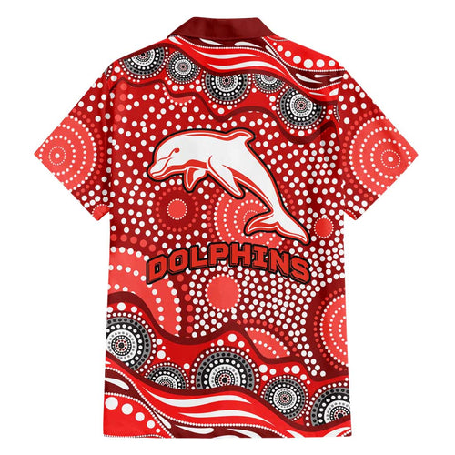 Dolphins Family Matching Off Shoulder Short Dress and Hawaiian Shirt Aboriginal Dot Pattern - Rugby Mascot Heritage Pride