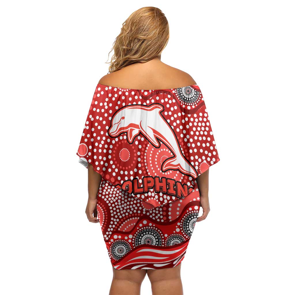 Dolphins Family Matching Off Shoulder Short Dress and Hawaiian Shirt Aboriginal Dot Pattern - Rugby Mascot Heritage Pride