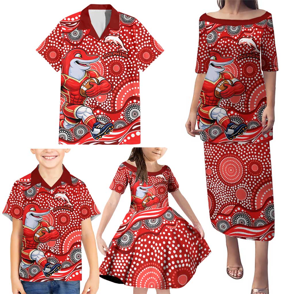 Dolphins Family Matching Puletasi and Hawaiian Shirt Aboriginal Dot Pattern - Rugby Mascot Heritage Pride