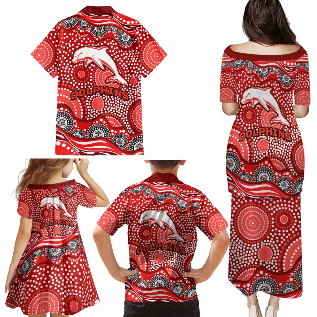 Dolphins Family Matching Puletasi and Hawaiian Shirt Aboriginal Dot Pattern - Rugby Mascot Heritage Pride