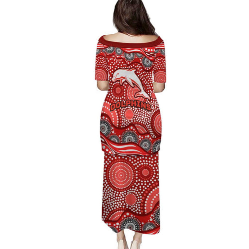Dolphins Family Matching Puletasi and Hawaiian Shirt Aboriginal Dot Pattern - Rugby Mascot Heritage Pride
