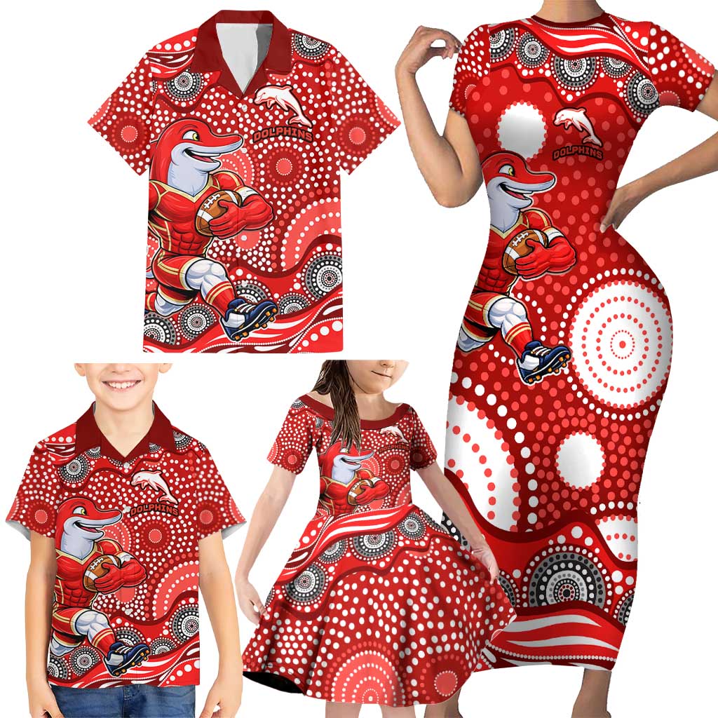 Dolphins Family Matching Short Sleeve Bodycon Dress and Hawaiian Shirt Aboriginal Dot Pattern - Rugby Mascot Heritage Pride